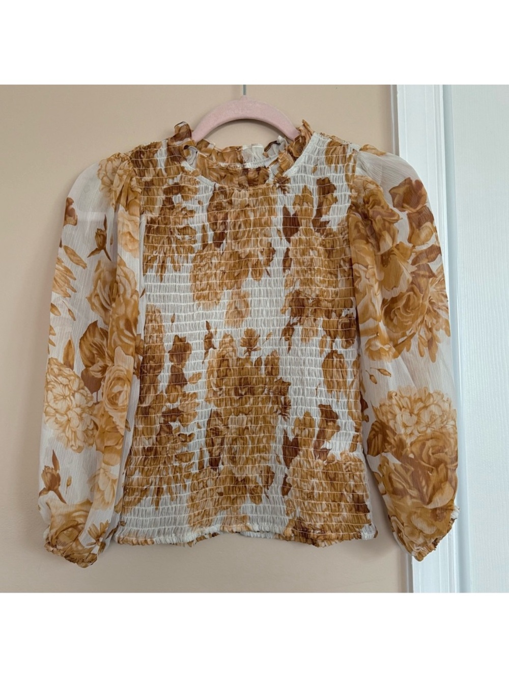 Express Yellow Floral Smocked Blouse XS Boho Balloon Sleeve Cottagecore